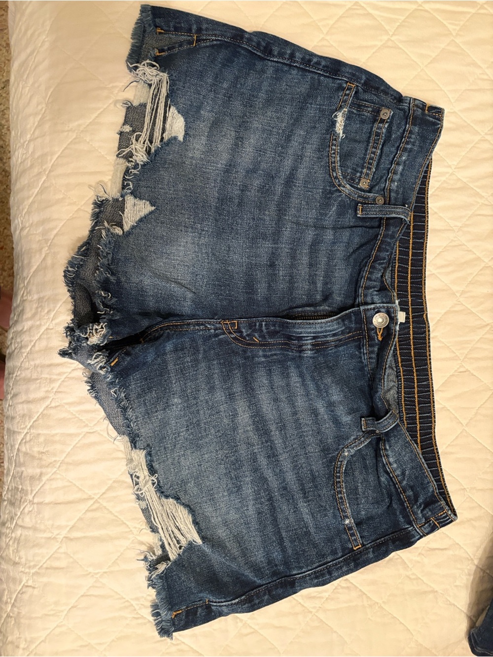 Distressed High-Rise Denim Cutoff Shorts - Dark Blue size XL